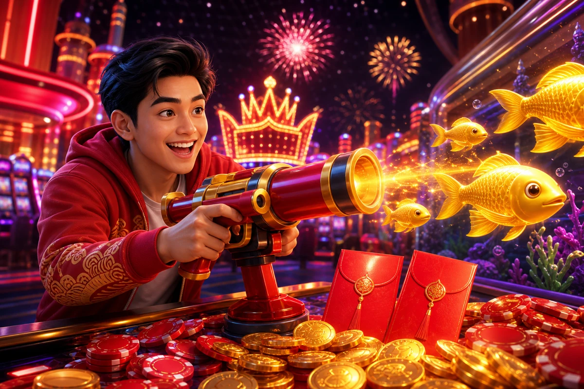 Illustration of a player aiming a fishing cannon at golden fish with cash bonus envelopes floating nearby on a dark red background