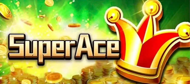 Super Ace slot title in gold with jester crown and coins on a green and gold background