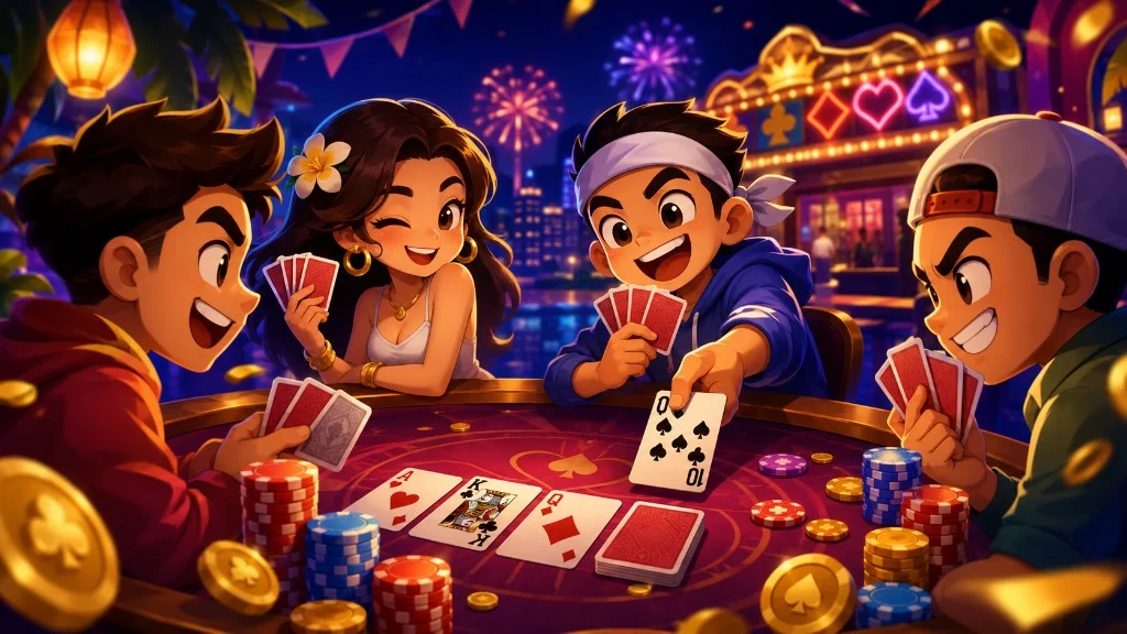 Illustration of Filipino friends playing Tongits at a lively card table with chips and coins at night